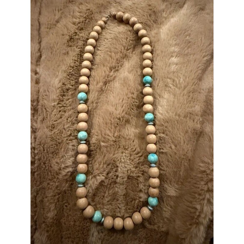 Chunky Boho Wooden Bead Necklace with Turquoise Accents